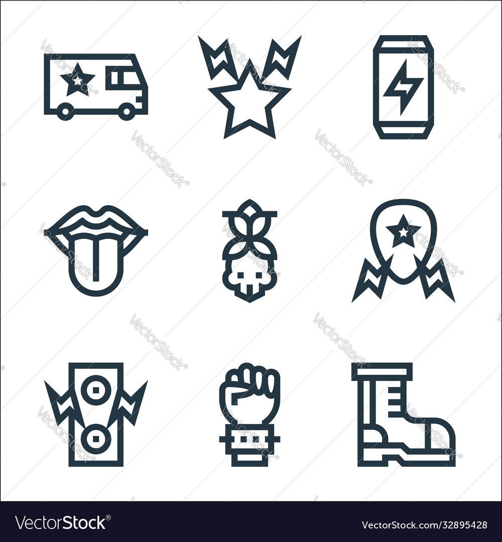 Rock and roll line icons linear set quality vector image Rock and roll line icons linear set quality