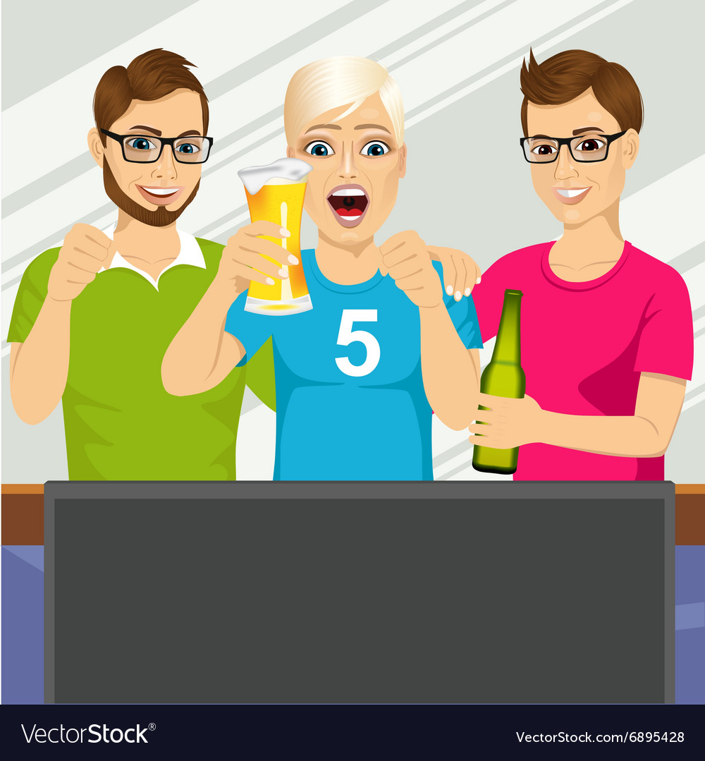 Three young friends watching sports game Vector Image