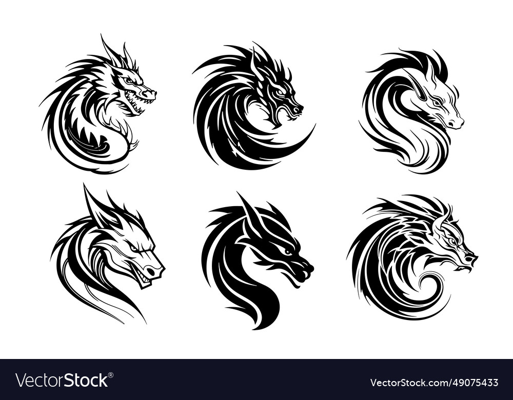 Dragon Icons Set Silhouette Hand Drawn Royalty Free Vector