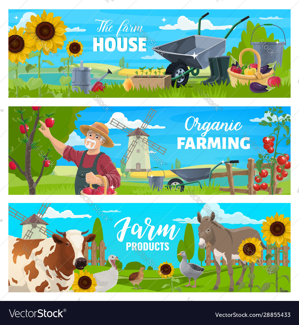 Farmer with farm animals vegetables and tools Vector Image Farmer with farm animals vegetables and tools Vector Image