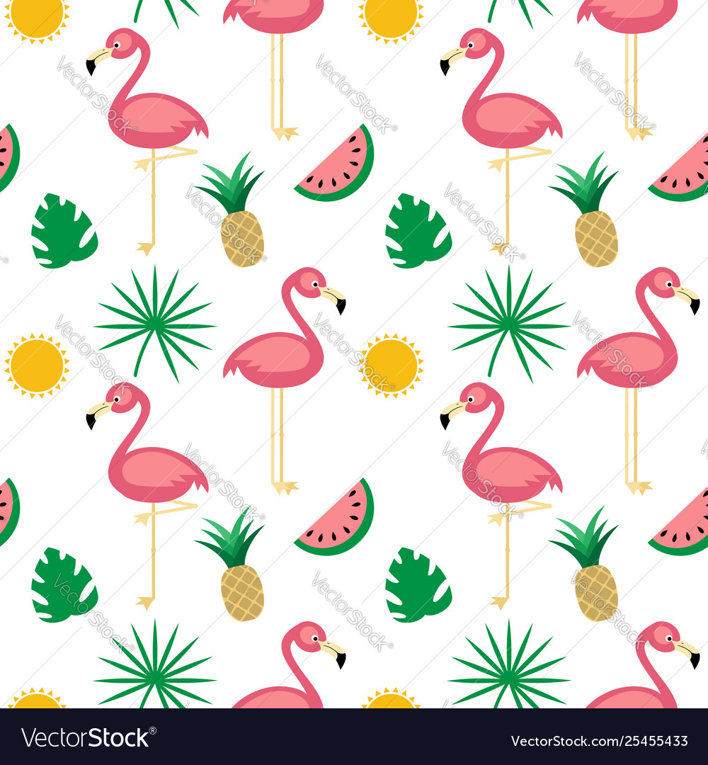 Flamingotropical fruits seamless pattern white vector image Flamingotropical fruits seamless pattern white