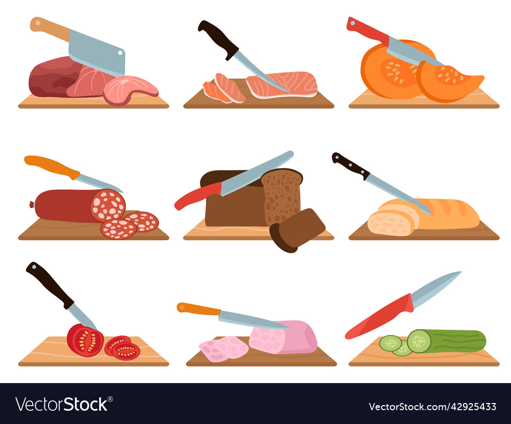 Food cut process raw meat and ham chopped knife Vector Image