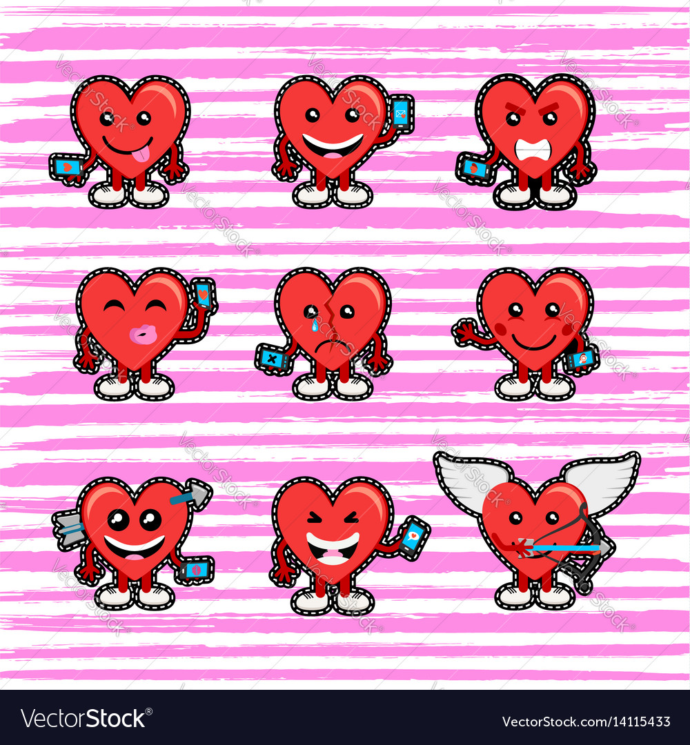 Valentines day heart emoji stitch patch set Vector Image