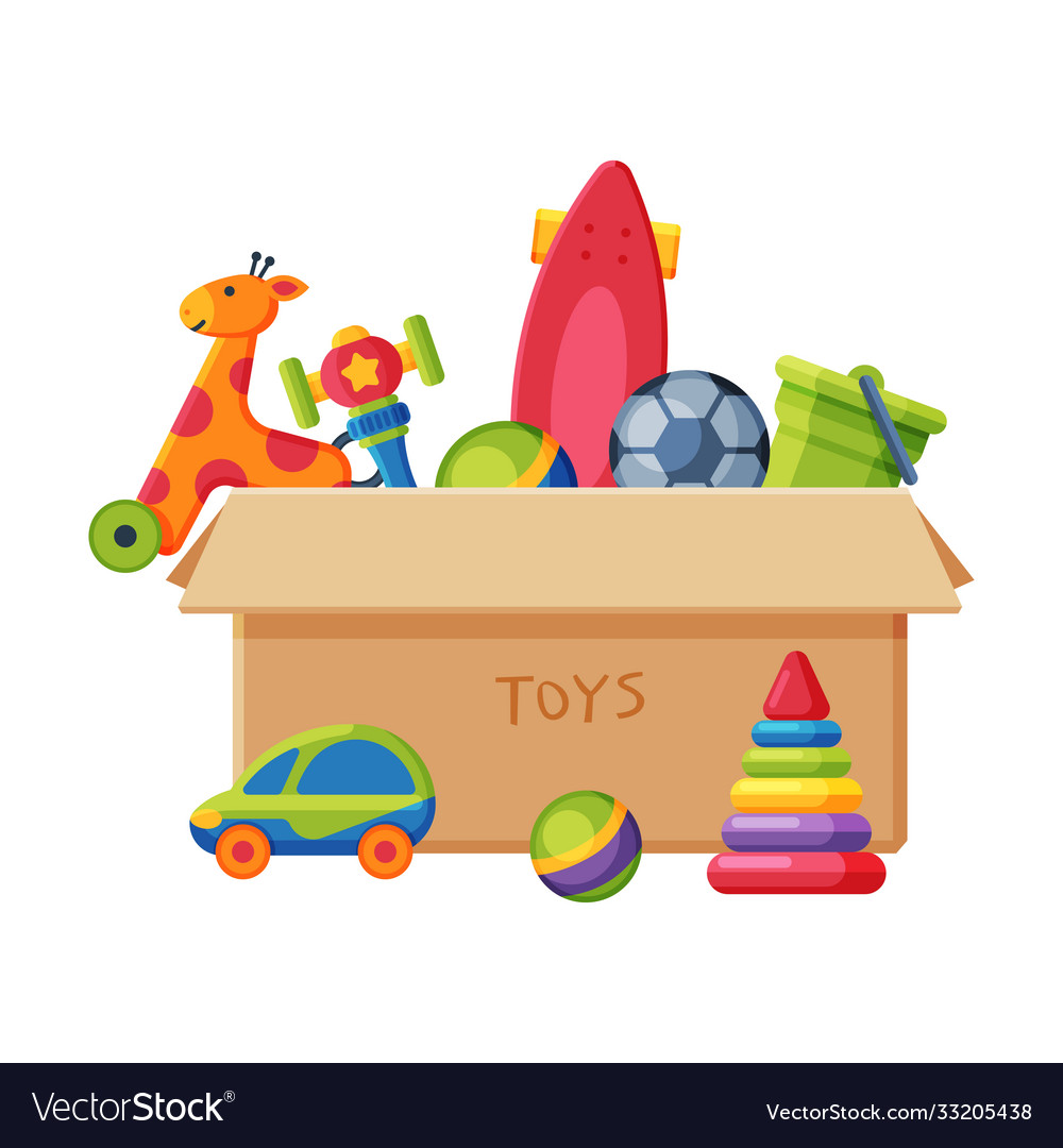 Cardboard box with various colorful toys plastic Vector Image