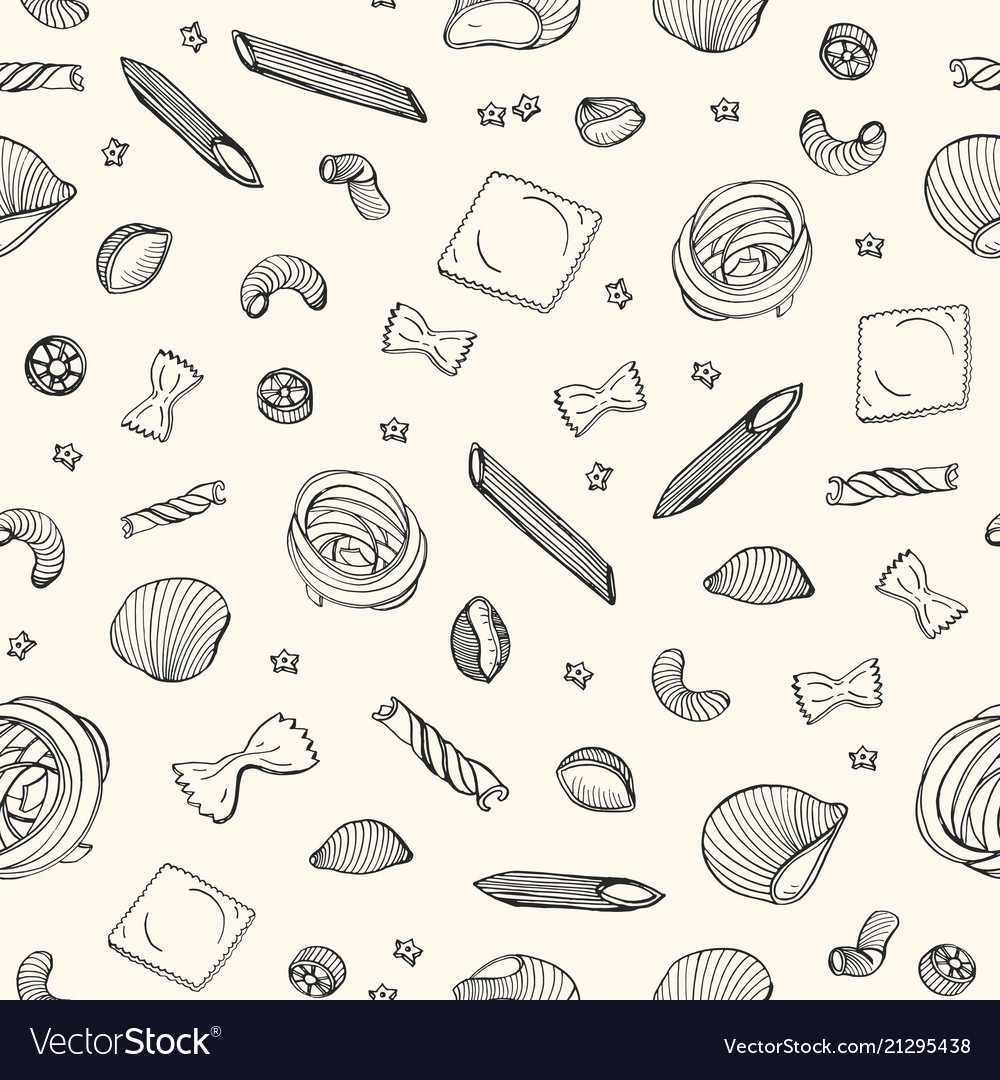 Seamless pattern with various types of raw pasta