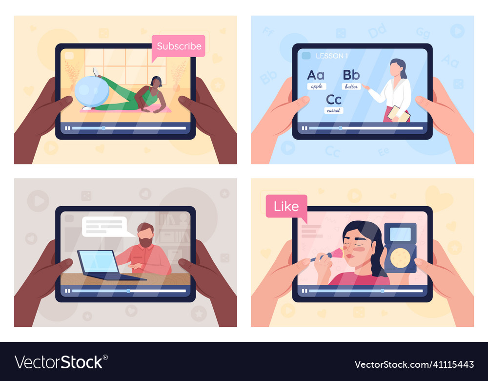 Online tutorials on tablet screen flat color set vector image Online tutorials on tablet screen flat color set