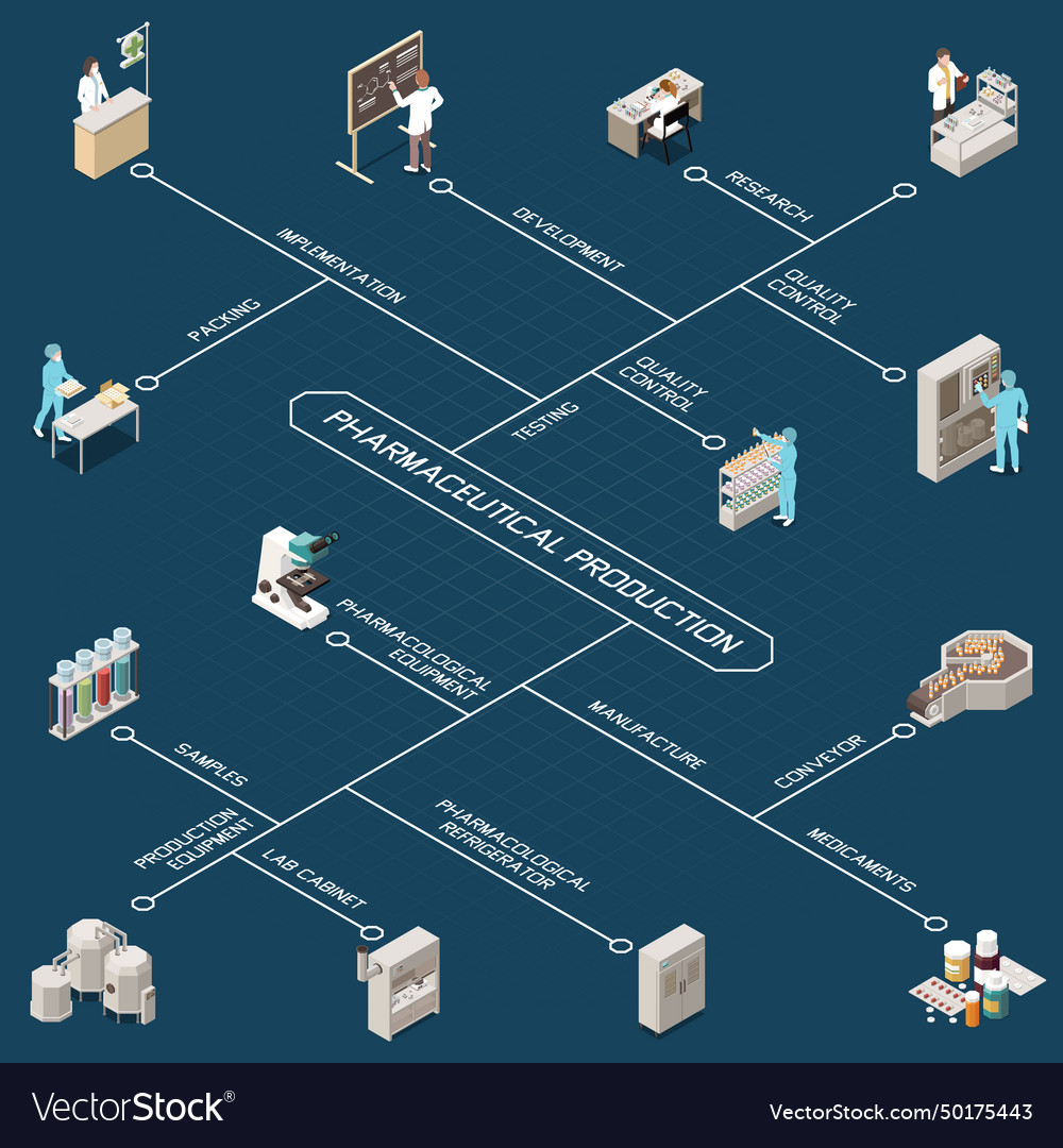 Pharmaceutical production isometric flowchart Vector Image
