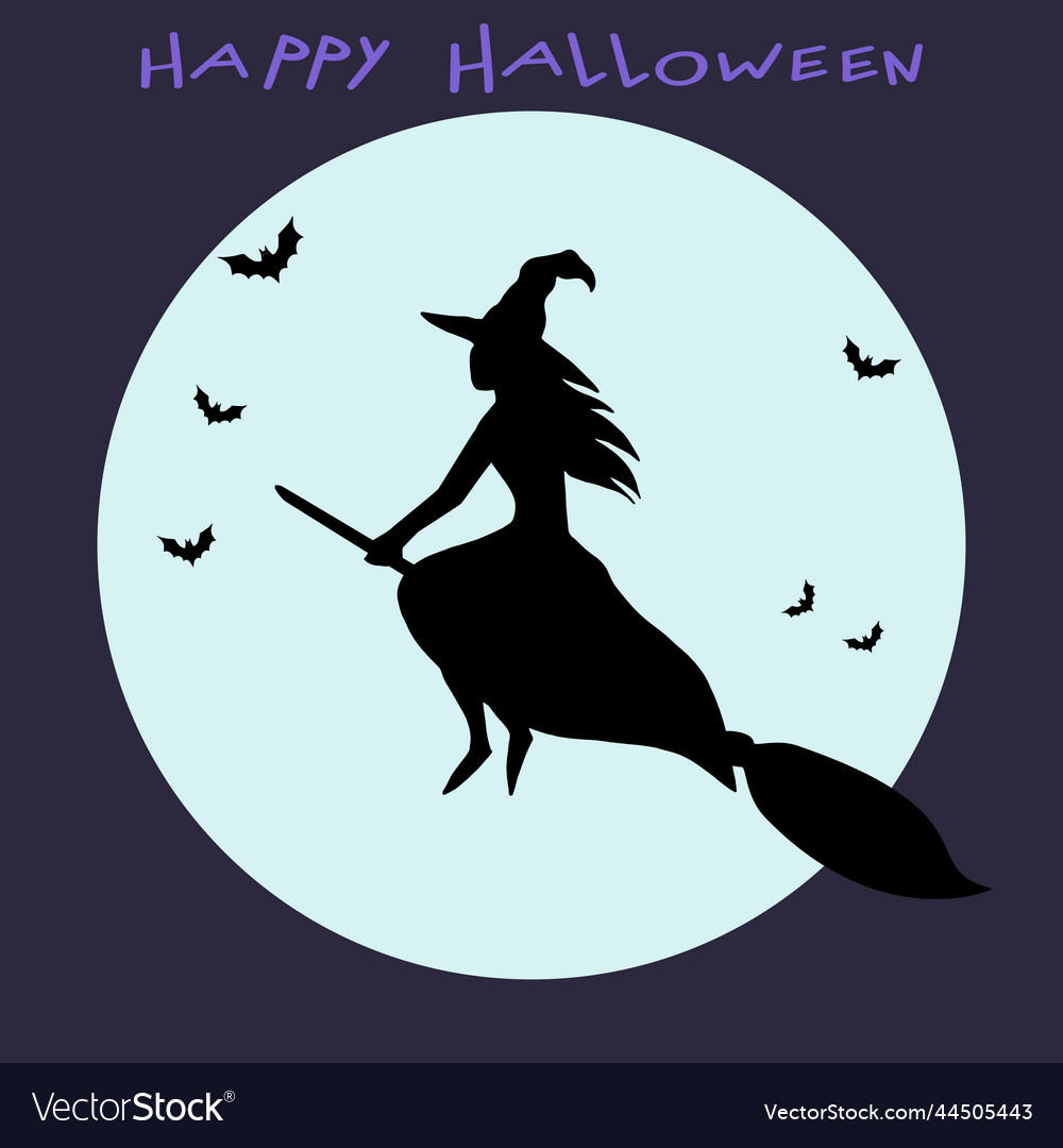 Witch on a broom silhouette at fullmoon view