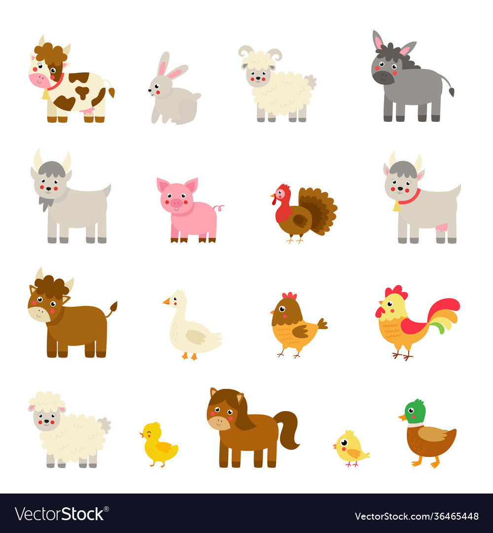 Set cute cartoon farm animals vector image Set cute cartoon farm animals