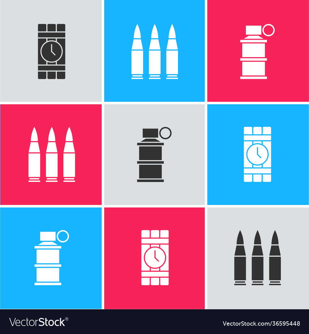 Set dynamite and timer clock bullet hand vector image Set dynamite and timer clock bullet hand