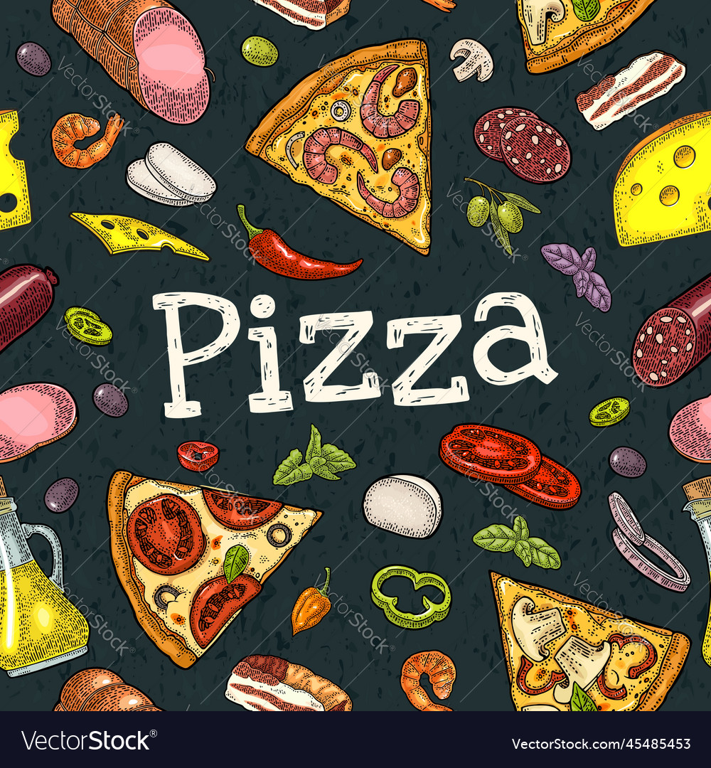 Seamless pattern slice pizza pepperoni hawaiian Vector Image