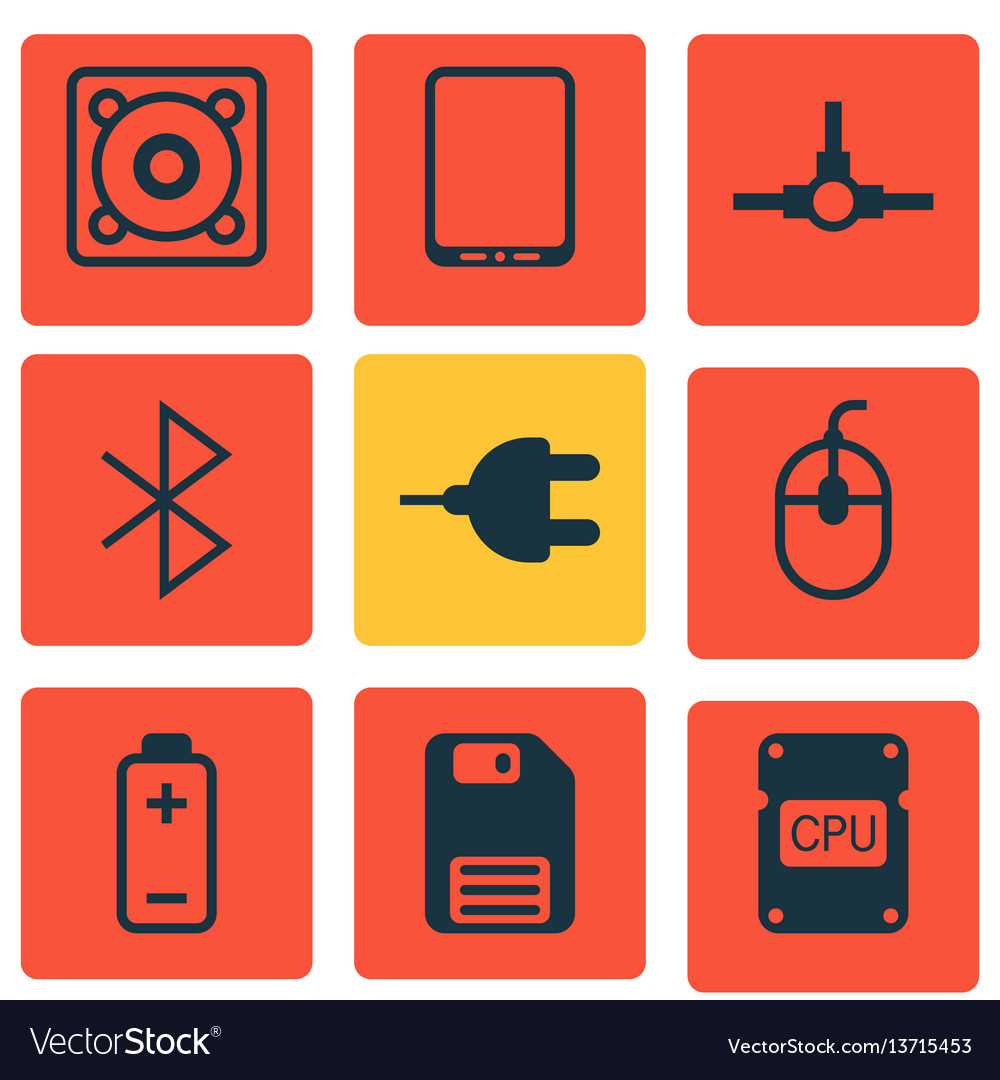 Set of 9 computer hardware icons includes