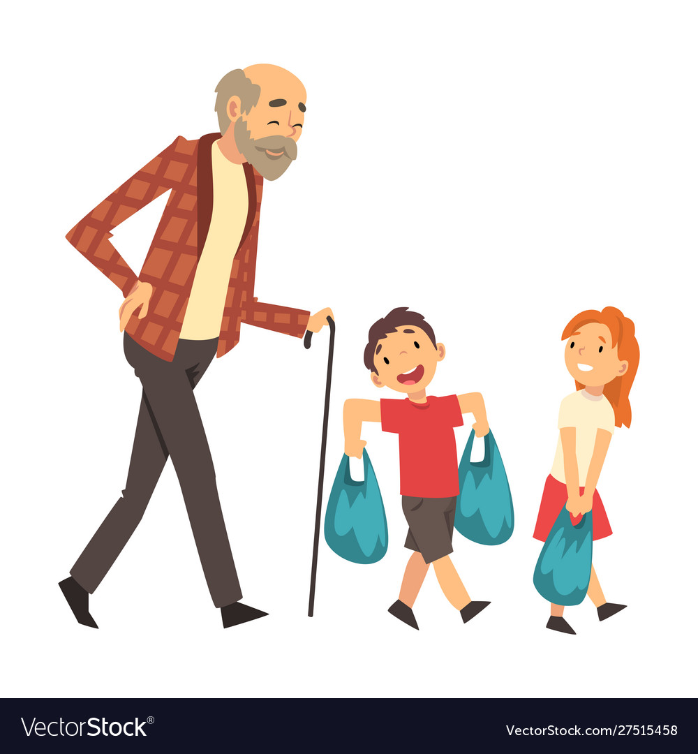 Children help grandfather bring packages cartoon Vector Image