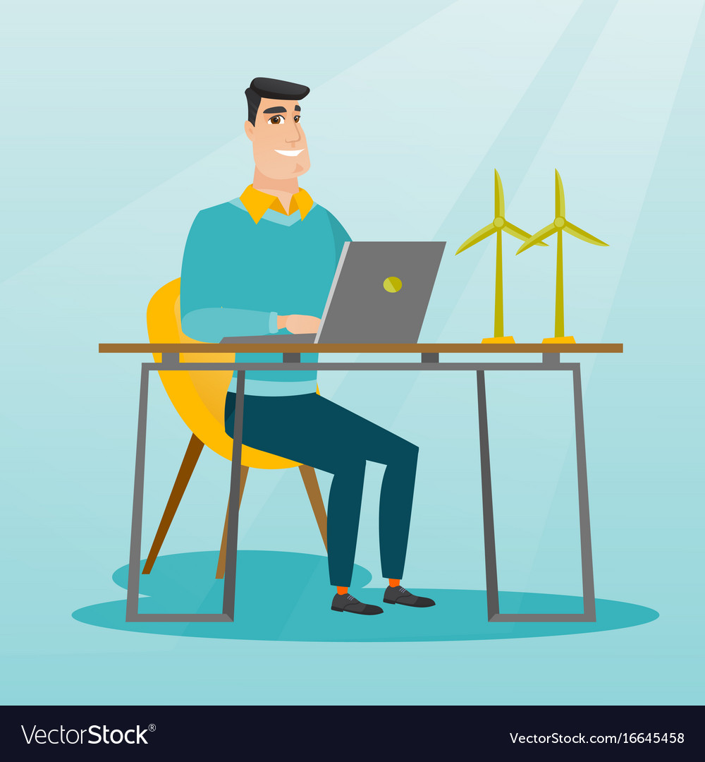 Man working with model of wind turbines