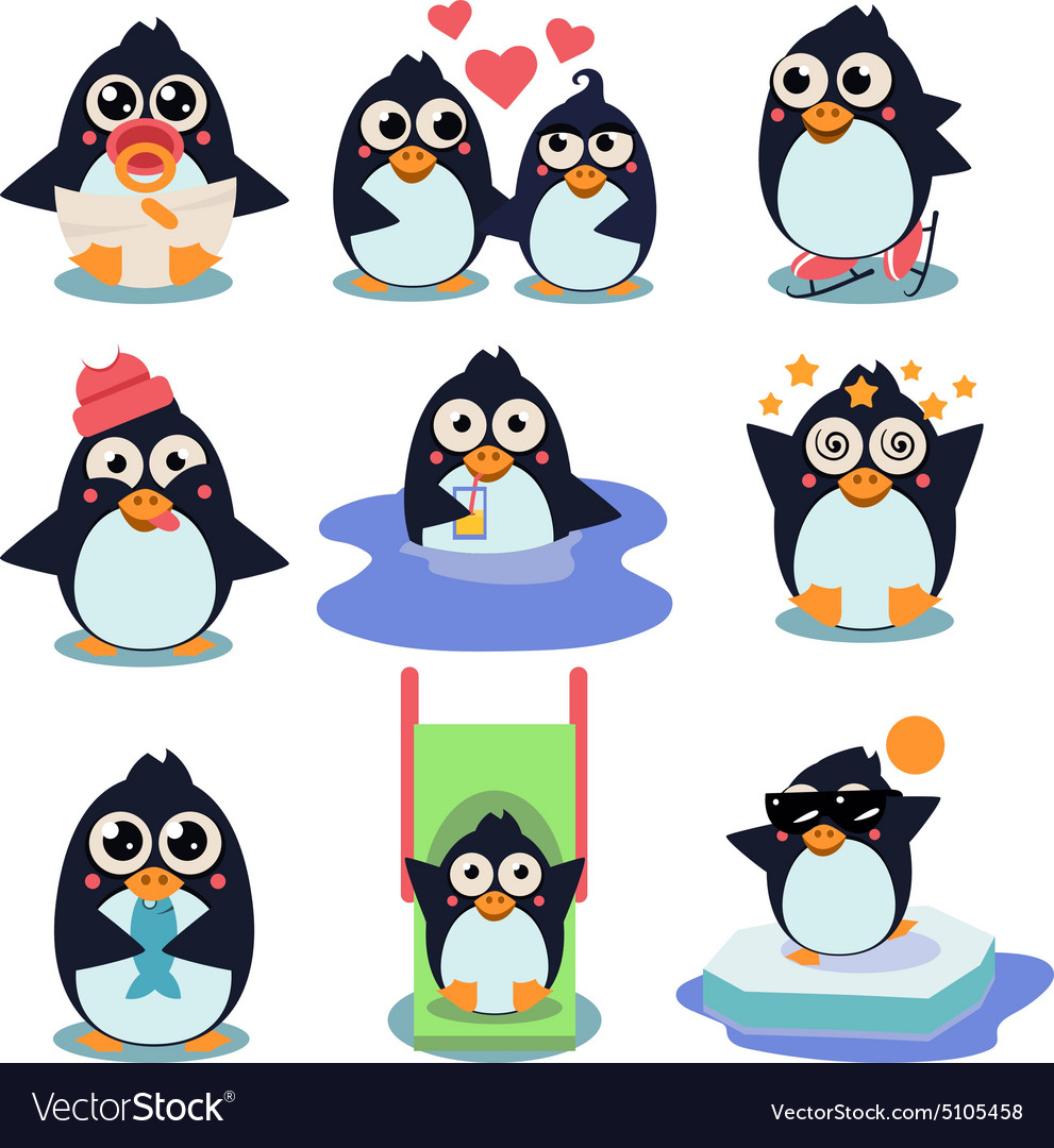 Penguin set with penguins Royalty Free Vector Image