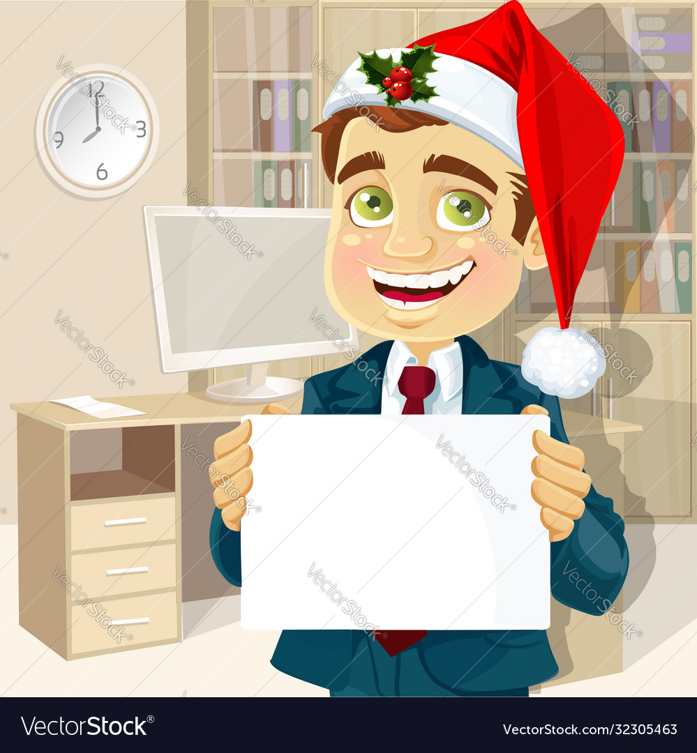 Businessman in cap santa claus and with blank