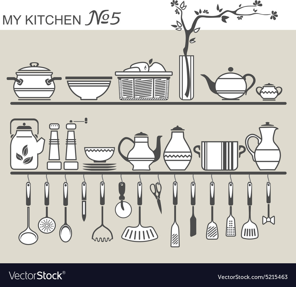 Kitchen utensils on shelves 5