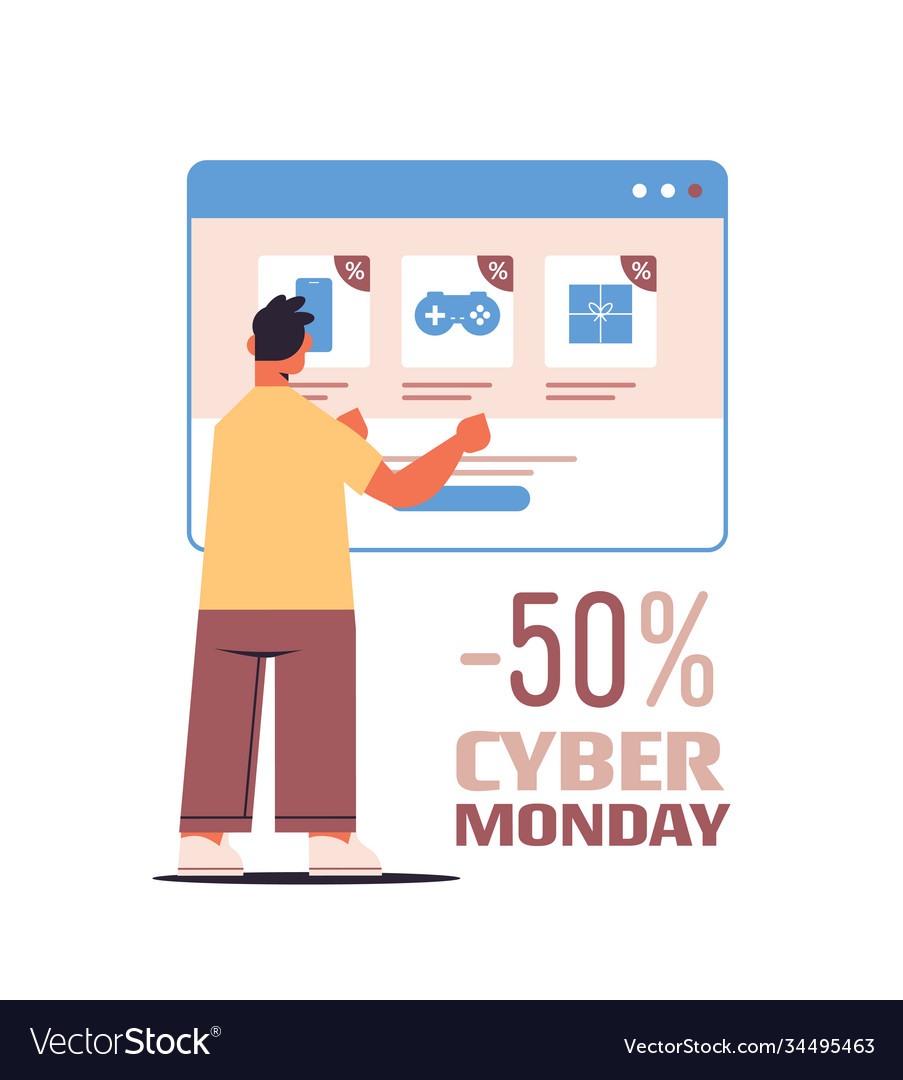 Man choosing purchases in web browser window vector image Man choosing purchases in web browser window