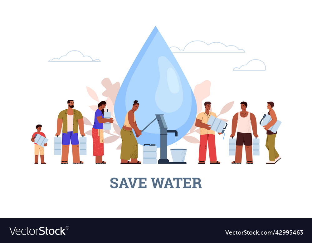 Save water banner with people in queue pumping