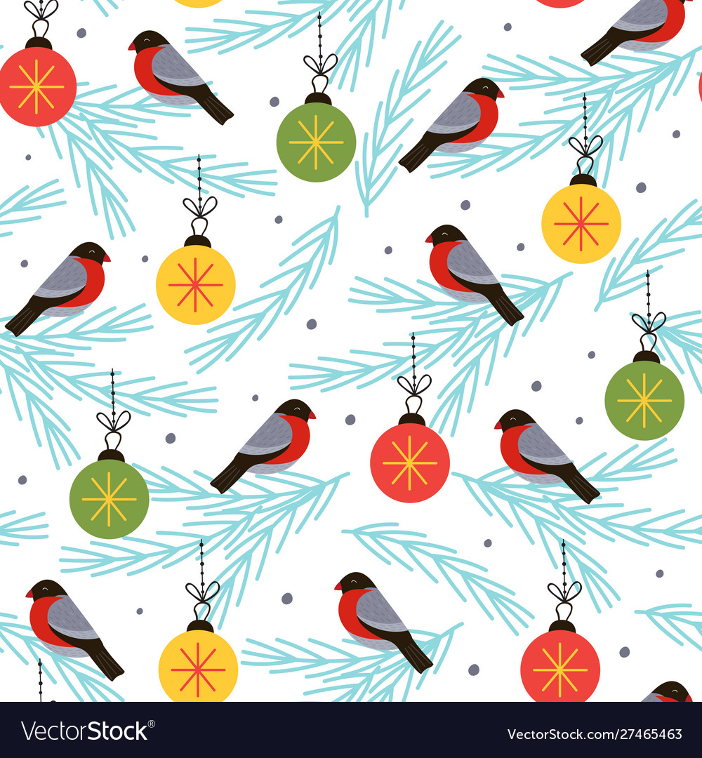 Seamless pattern with bullfinch on a spruce branch