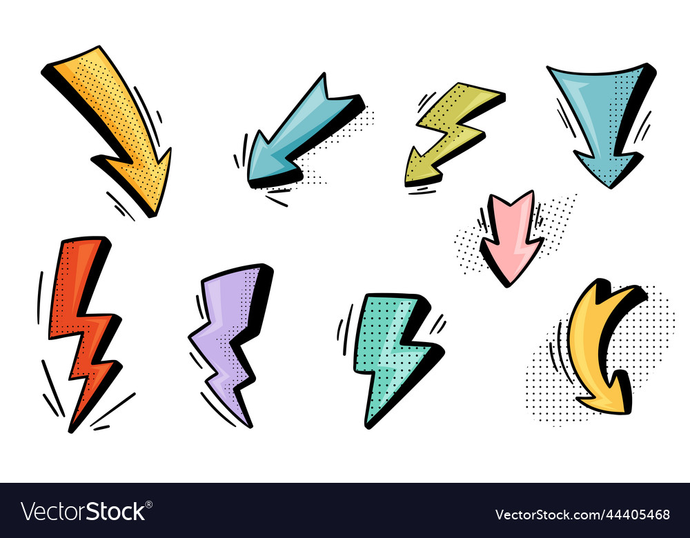 Arrow and lightning flash with pointed end doodle vector image Arrow and lightning flash with pointed end doodle