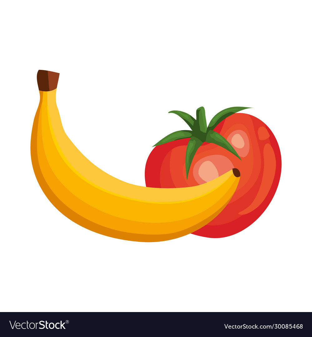 Fresh tomato with banana isolated icons