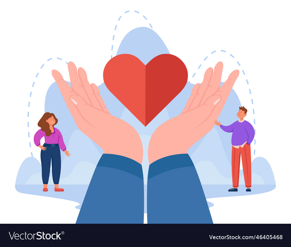 Tiny people and huge hands holding heart Vector Image