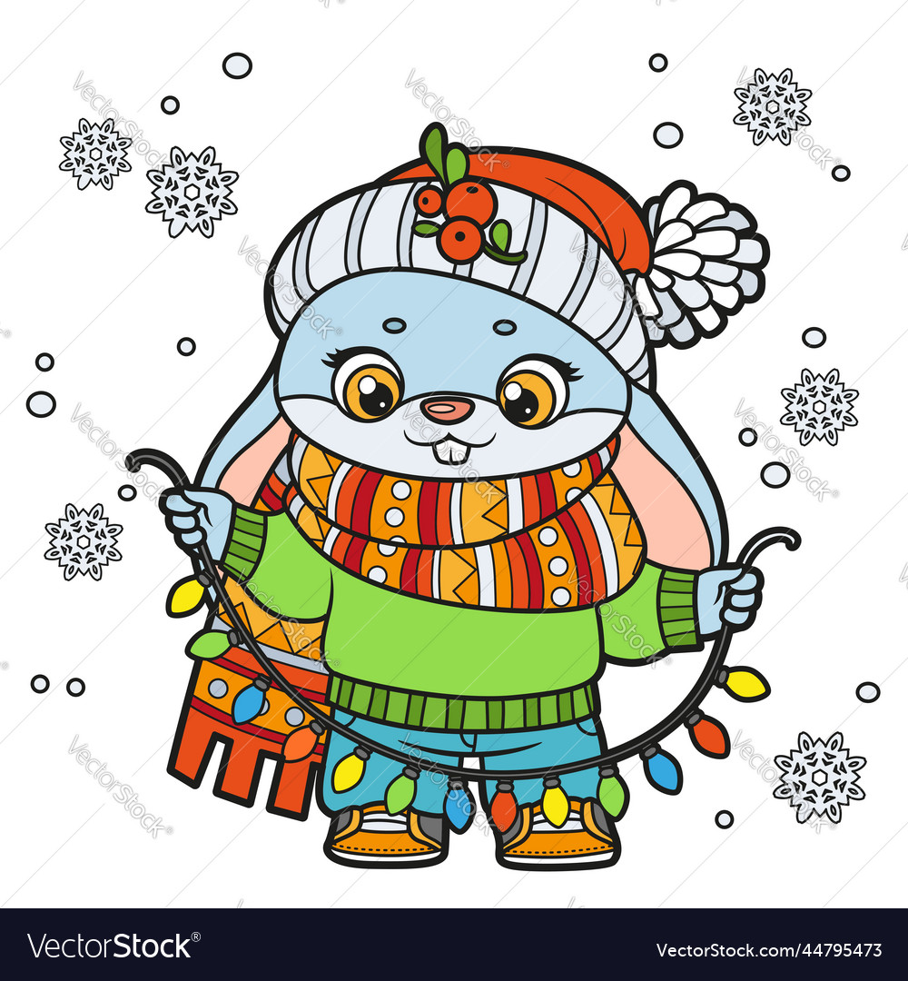 Cute cartoon rabbit in warm scarf with garland