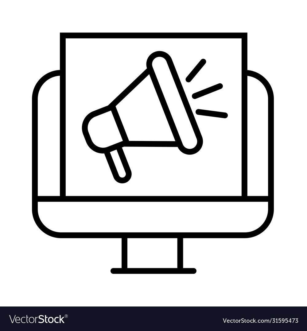 Desktop computer with megaphone line style icon