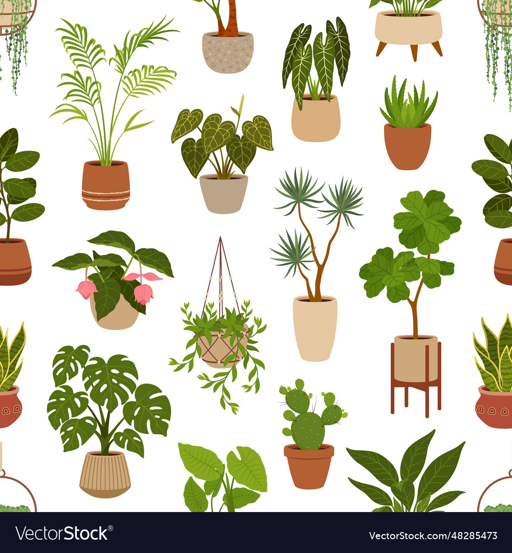 Pot with green plants seamless pattern flowers vector image Pot with green plants seamless pattern flowers