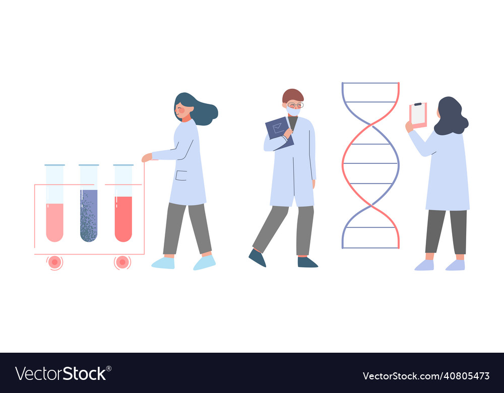 Scientist in lab with tiny people character vector image Scientist in lab with tiny people character