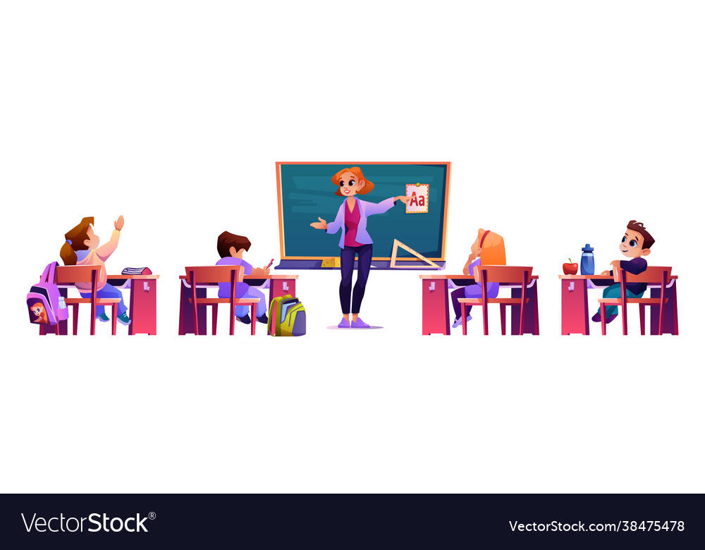 Teacher explaining material to students desks Vector Image