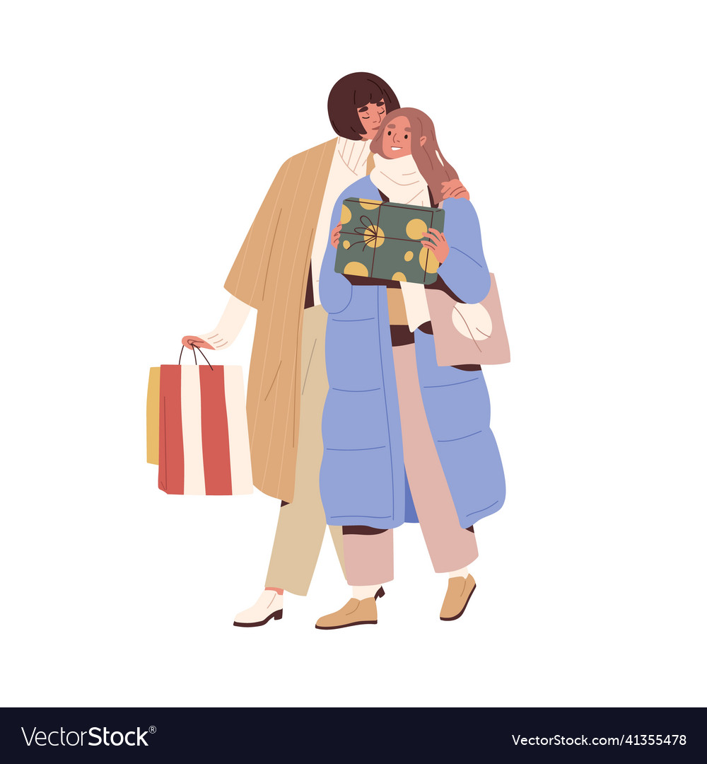 Women couple walking with presents and shopping