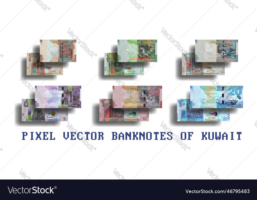 Set of pixelated mosaic kuwait banknotes