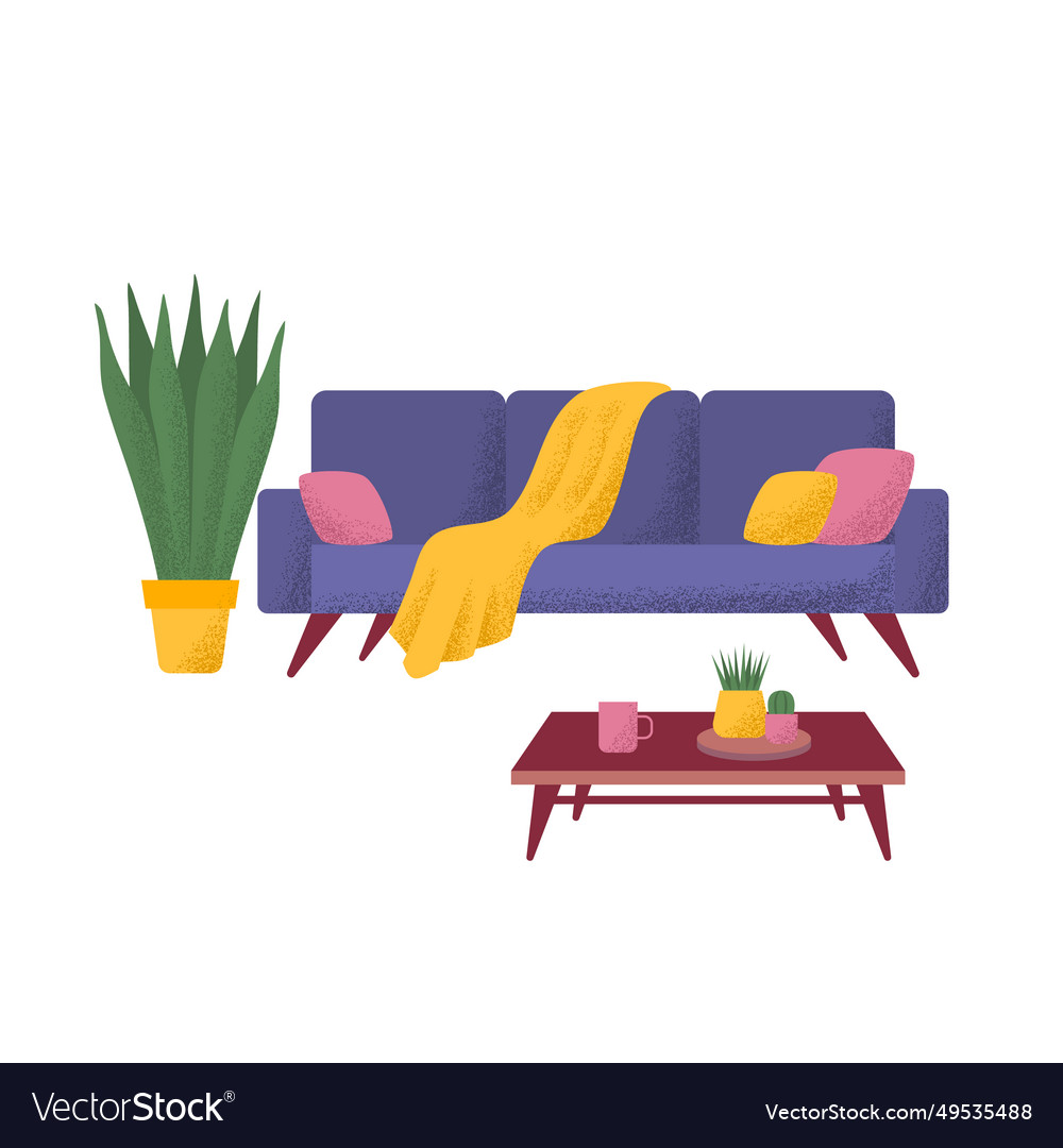 Cartoon color sofa table and houseplant potted Vector Image