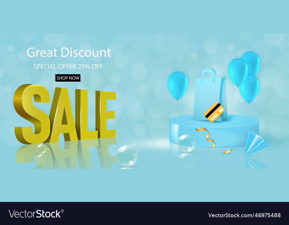 Realistic sale banner in blue color with golden