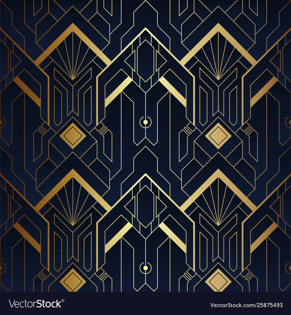 Abstract art deco seamless blue and golden pattern