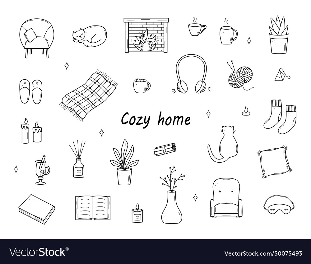 Cozy home set of doodle cartoon icons