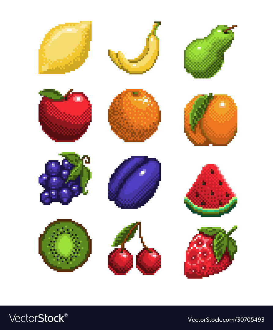 Pixel Fruits For Games Icons High Detailed Vector Set Royalty Free