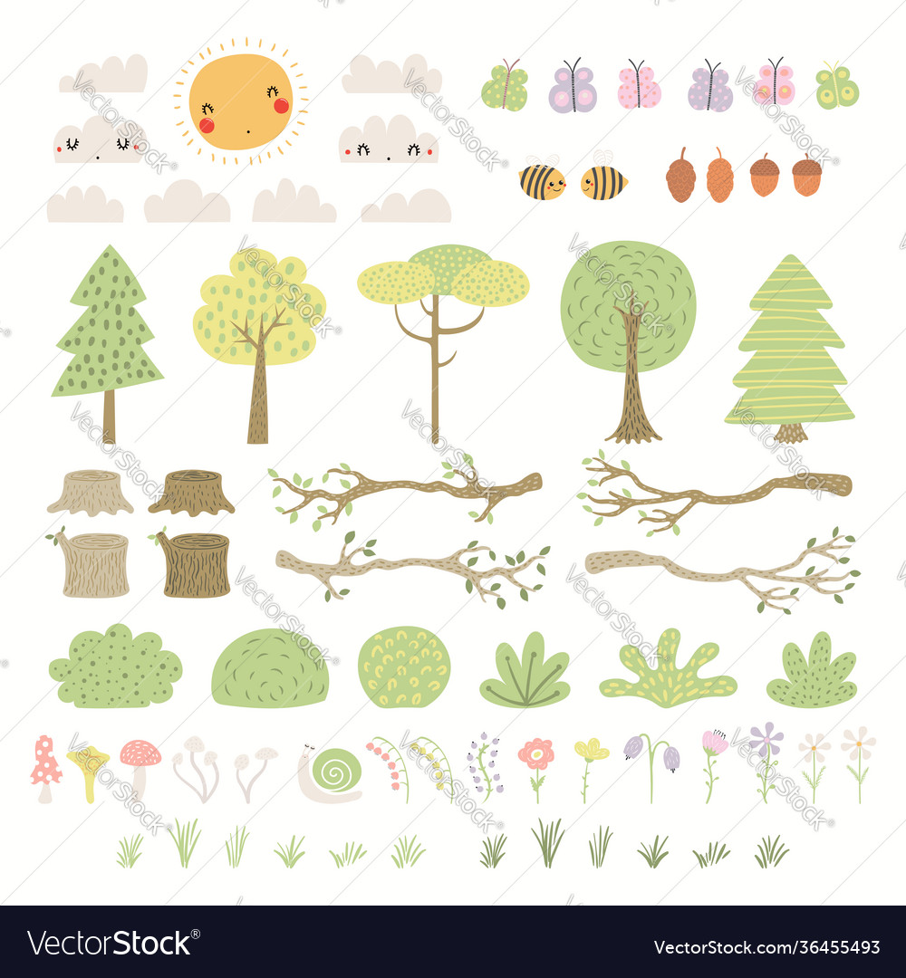 Woodland landscape clipart elements set isolated