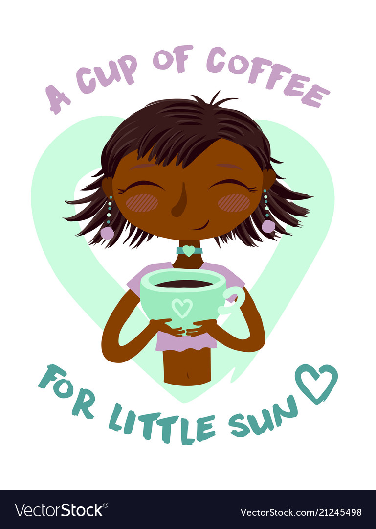 Hand drawn beautiful cute girl with cup of coffee