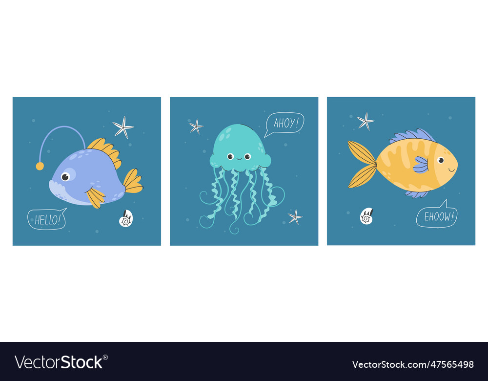 Posters with anglerfish jellyfish crucian carp vector image Posters with anglerfish jellyfish crucian carp