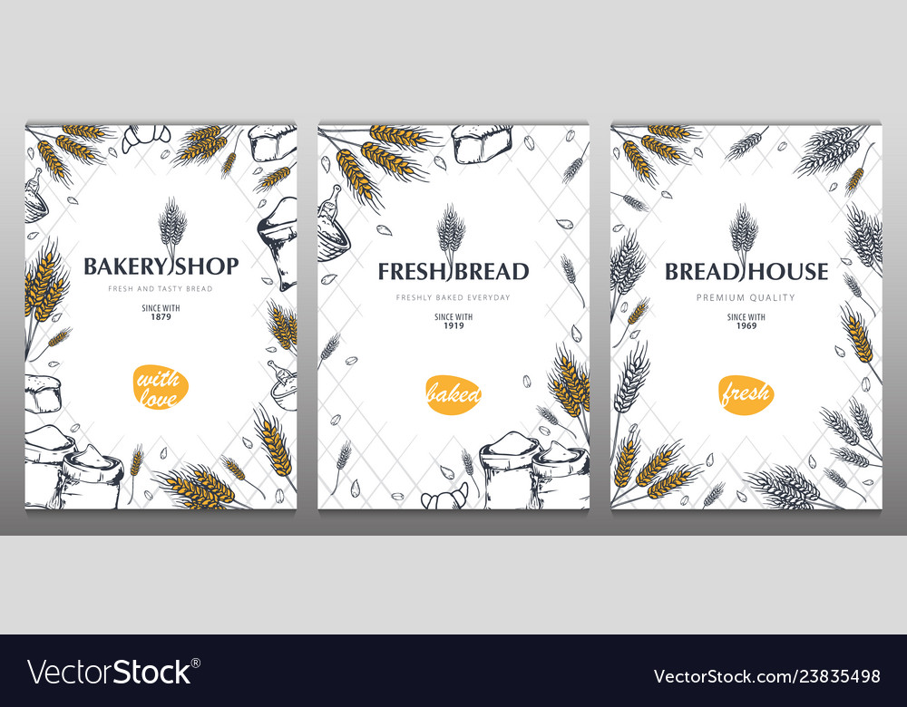 Set of bakery backgrounds with wheats linear vector image Set of bakery backgrounds with wheats linear