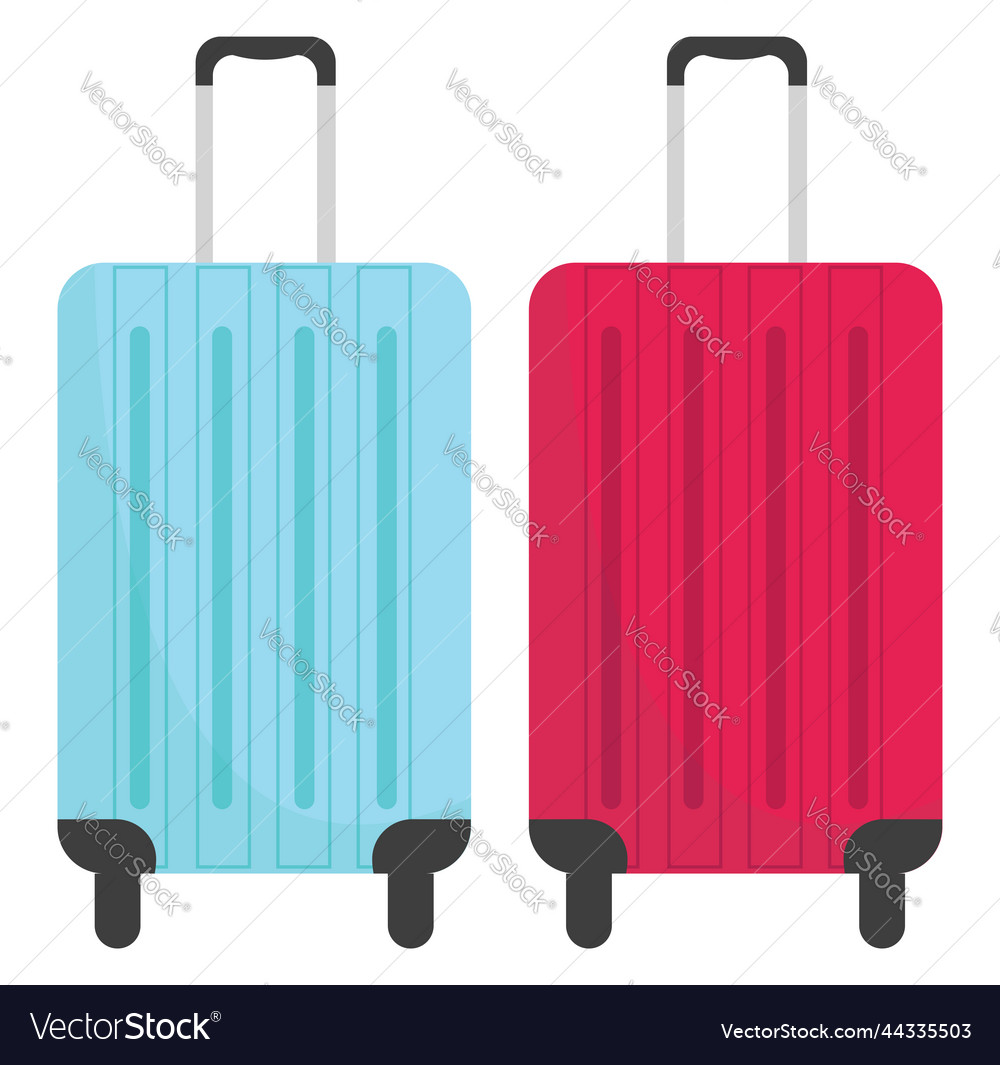 Blue and pink travel suitcases on a white