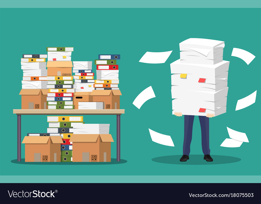 Businessman holds pile of office papers and Vector Image