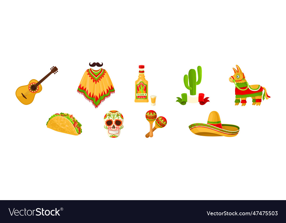 Mexican objects and symbols with guitar poncho Vector Image