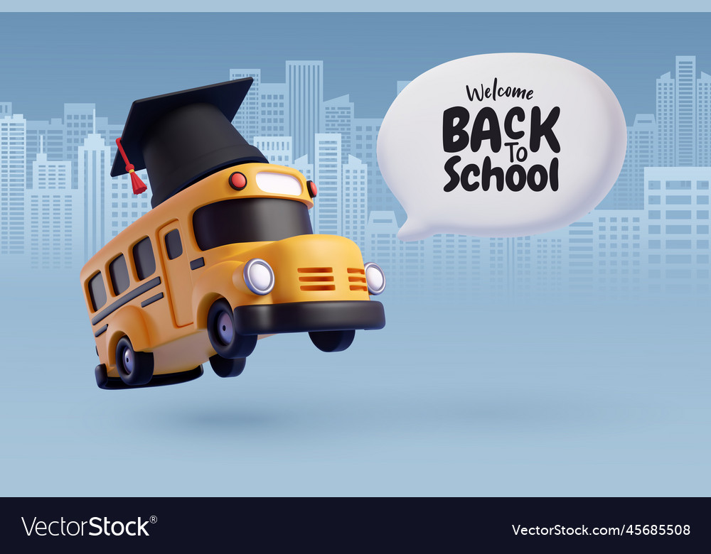 3d of school bus with diploma cap in city