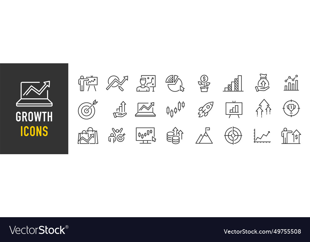 Growth web icons in line style target graph vector image Growth web icons in line style target graph