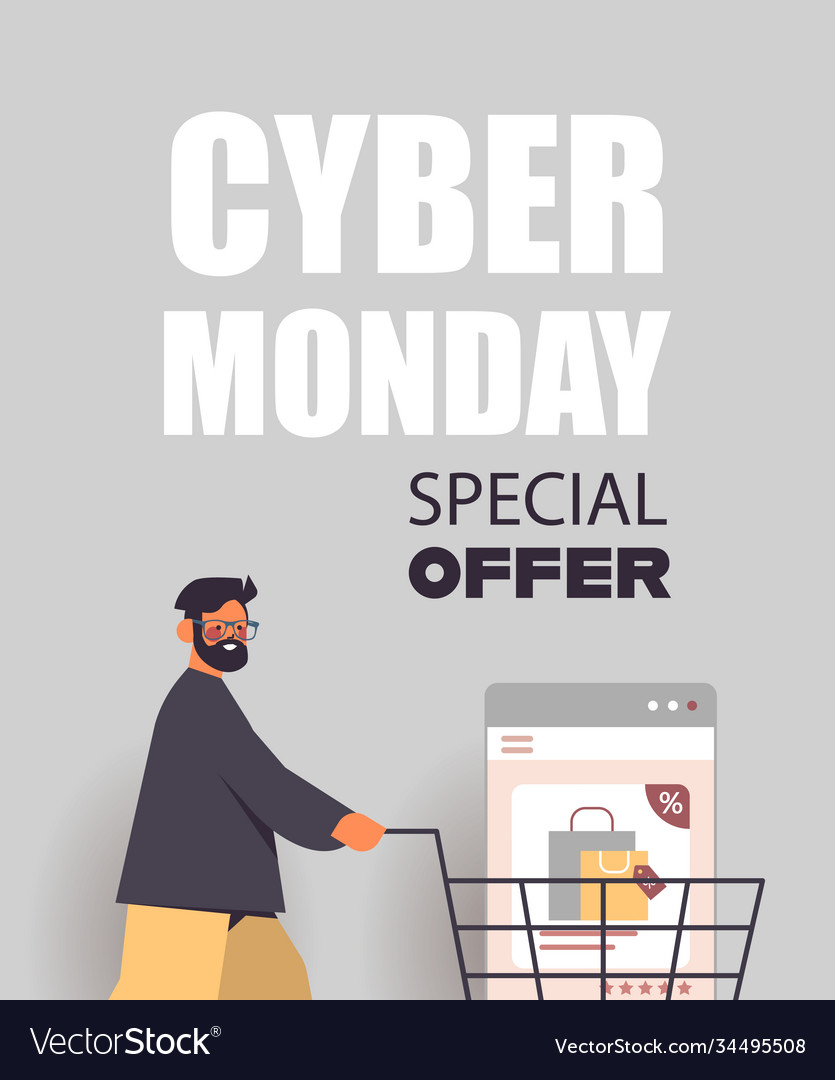 Man with Web Browser in Shopping Cart