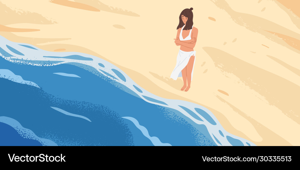 Bewildered woman standing in front sea wave Vector Image